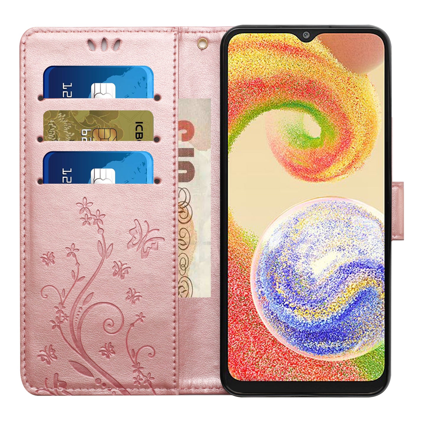 For Samsung Galaxy A06 Case PU Leather Phone Wallet Cover with Strap - Rose Gold