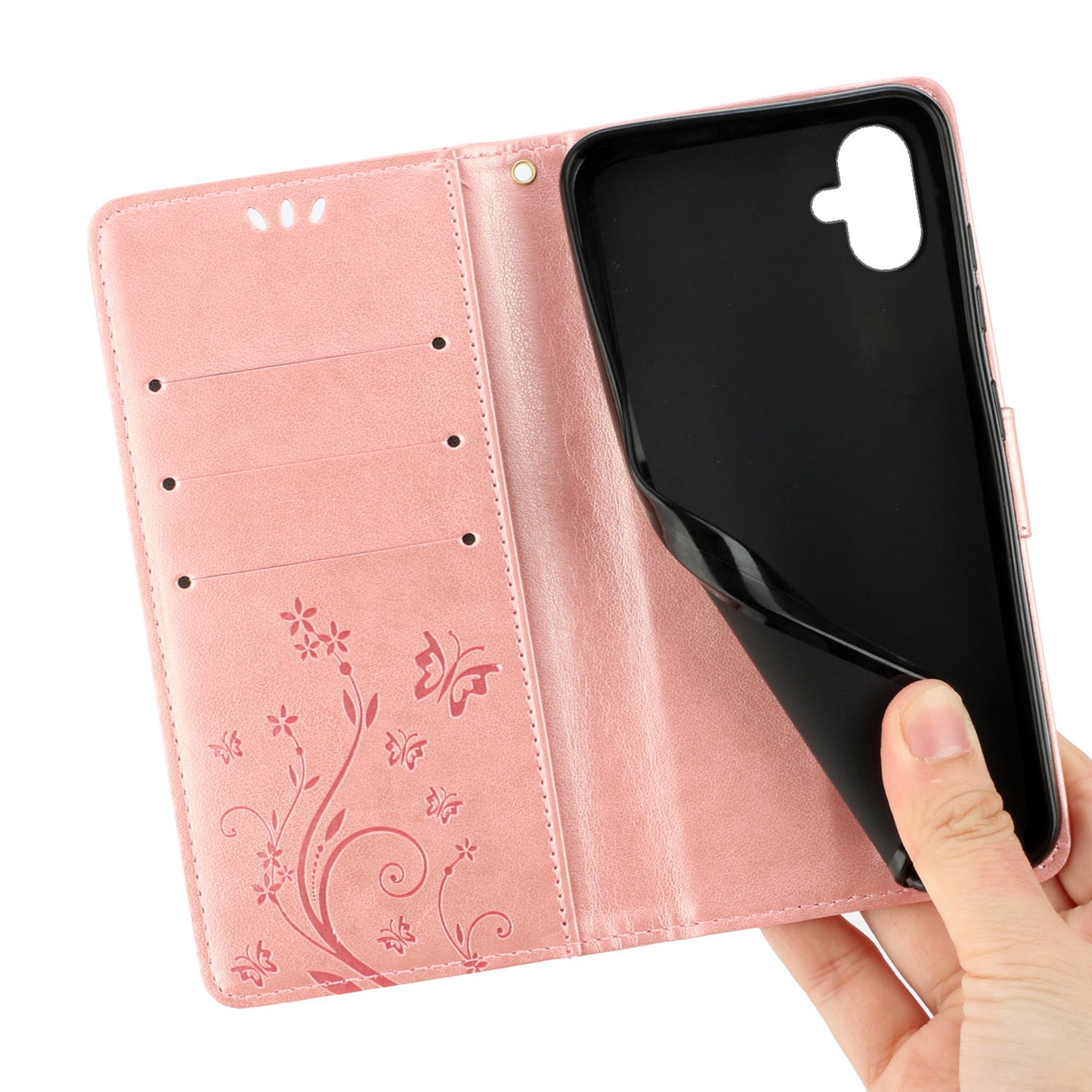 For Samsung Galaxy A06 Case PU Leather Phone Wallet Cover with Strap - Rose Gold