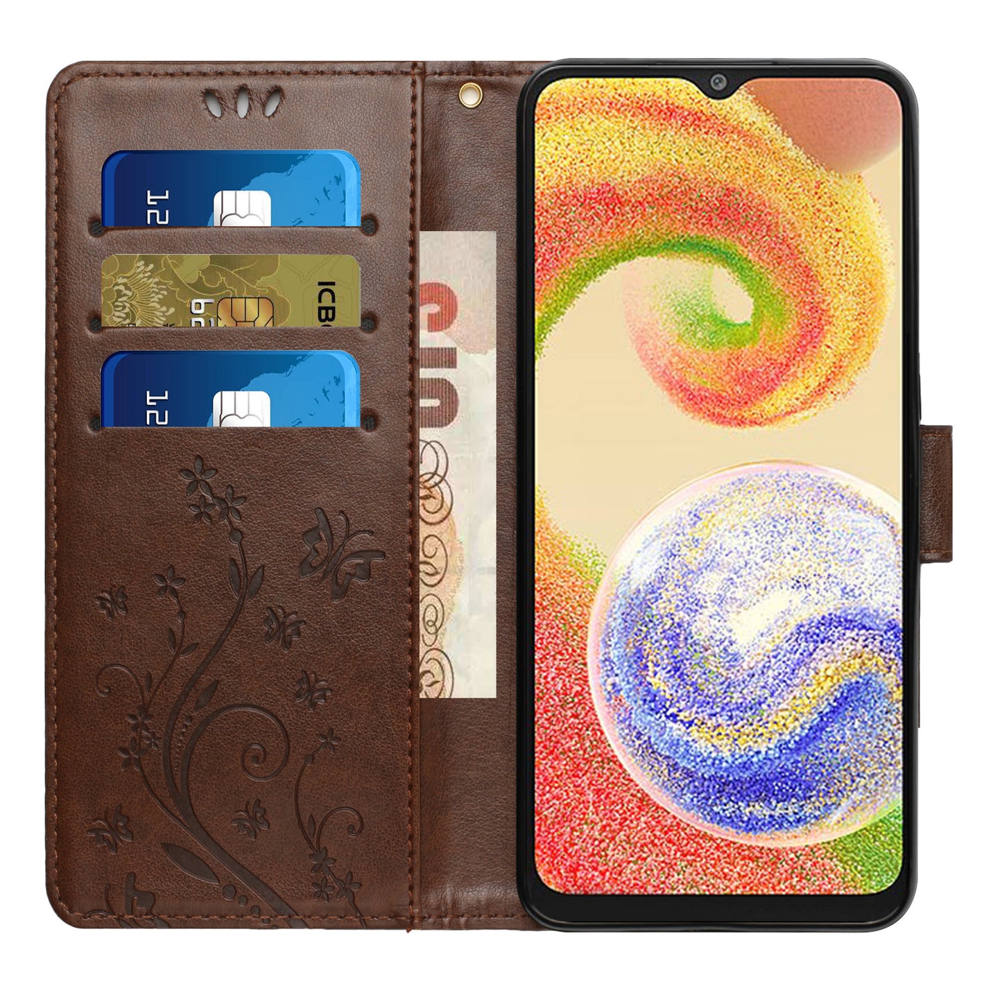 For Samsung Galaxy A06 Case PU Leather Phone Wallet Cover with Strap - Brown