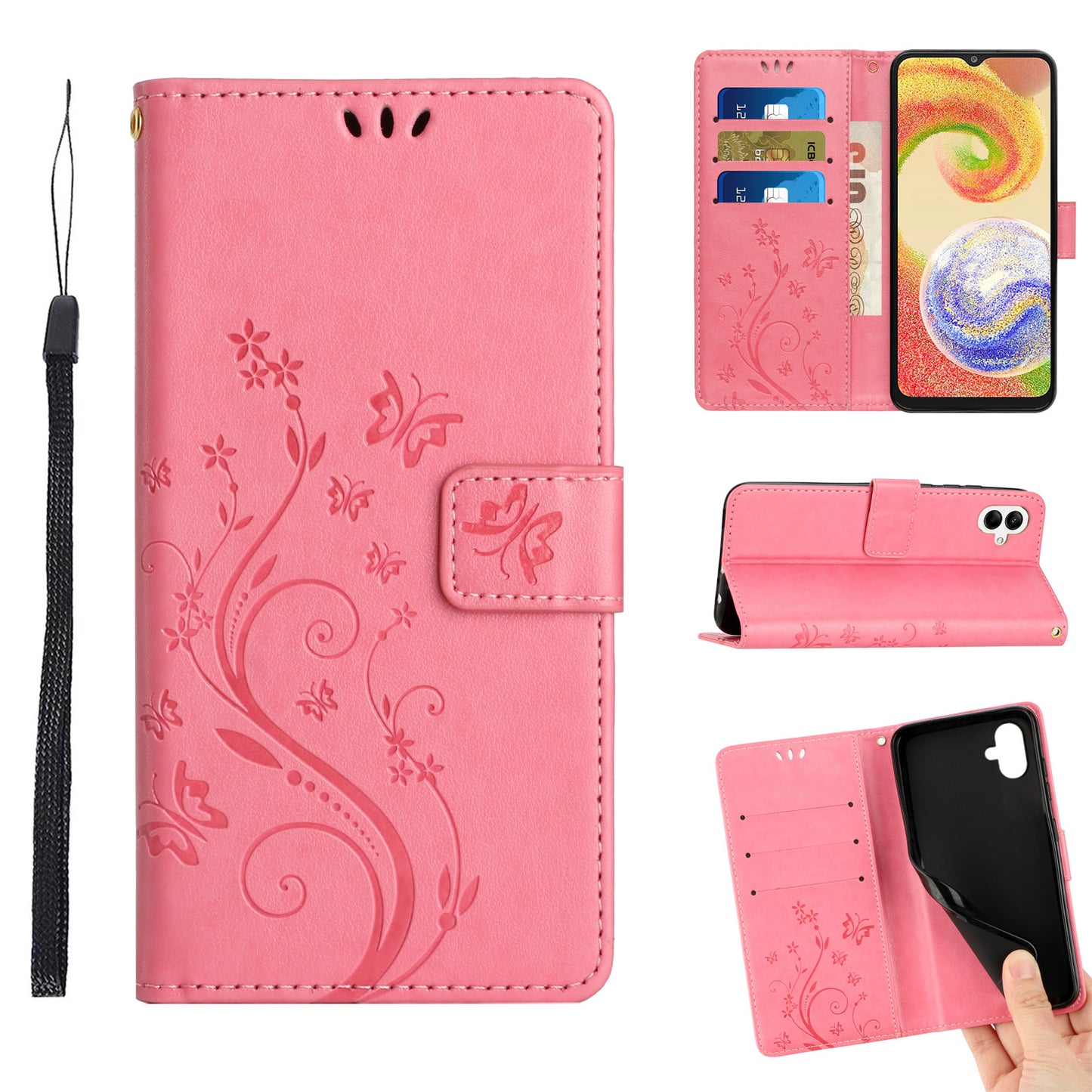 For Samsung Galaxy A06 Case PU Leather Phone Wallet Cover with Strap - Pink