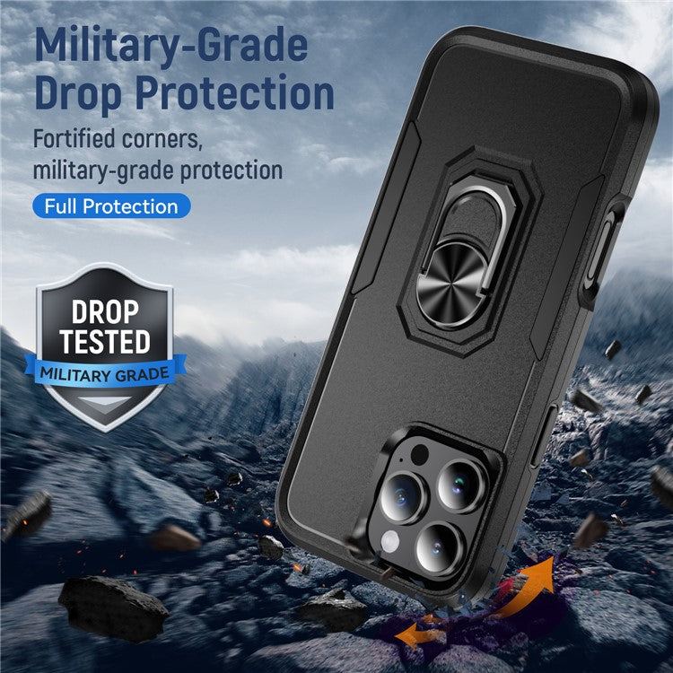 For iPhone 16 Pro Case Military Grade Ring Kickstand PC+TPU Phone Cover - Black