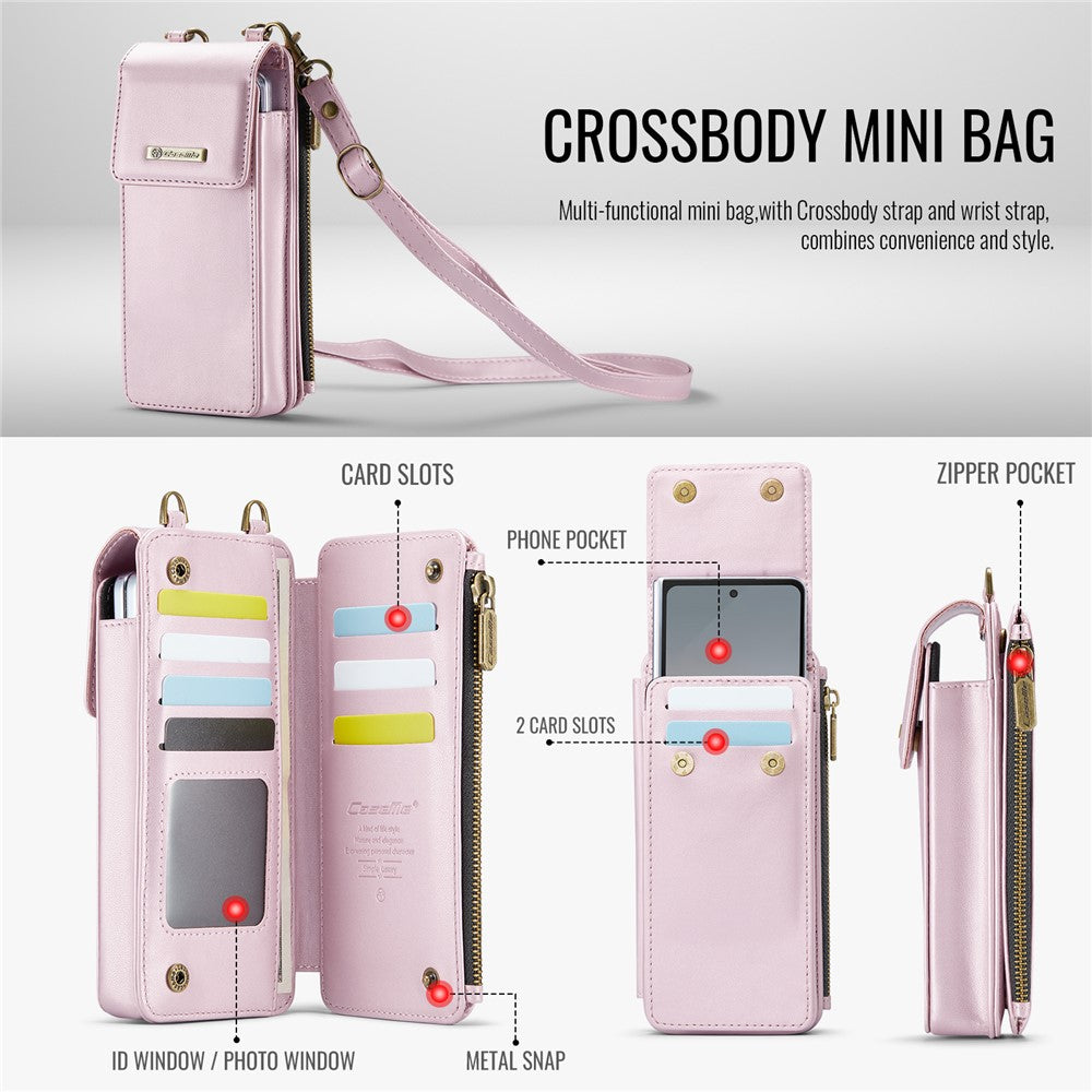 CASEME ME50 Phone Shoulder Bag for Samsung Galaxy Z Fold7 5G / Z Fold6 5G / Z Fold5 5G / Z Fold4 5G / Z Fold3 5G RFID Blocking Leather Pouch - Pink