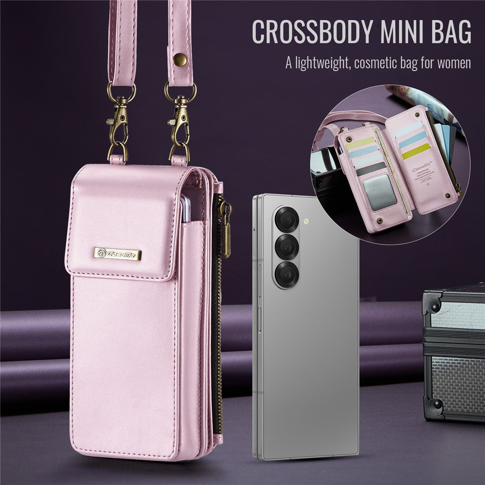 CASEME ME50 Phone Shoulder Bag for Samsung Galaxy Z Fold7 5G / Z Fold6 5G / Z Fold5 5G / Z Fold4 5G / Z Fold3 5G RFID Blocking Leather Pouch - Pink