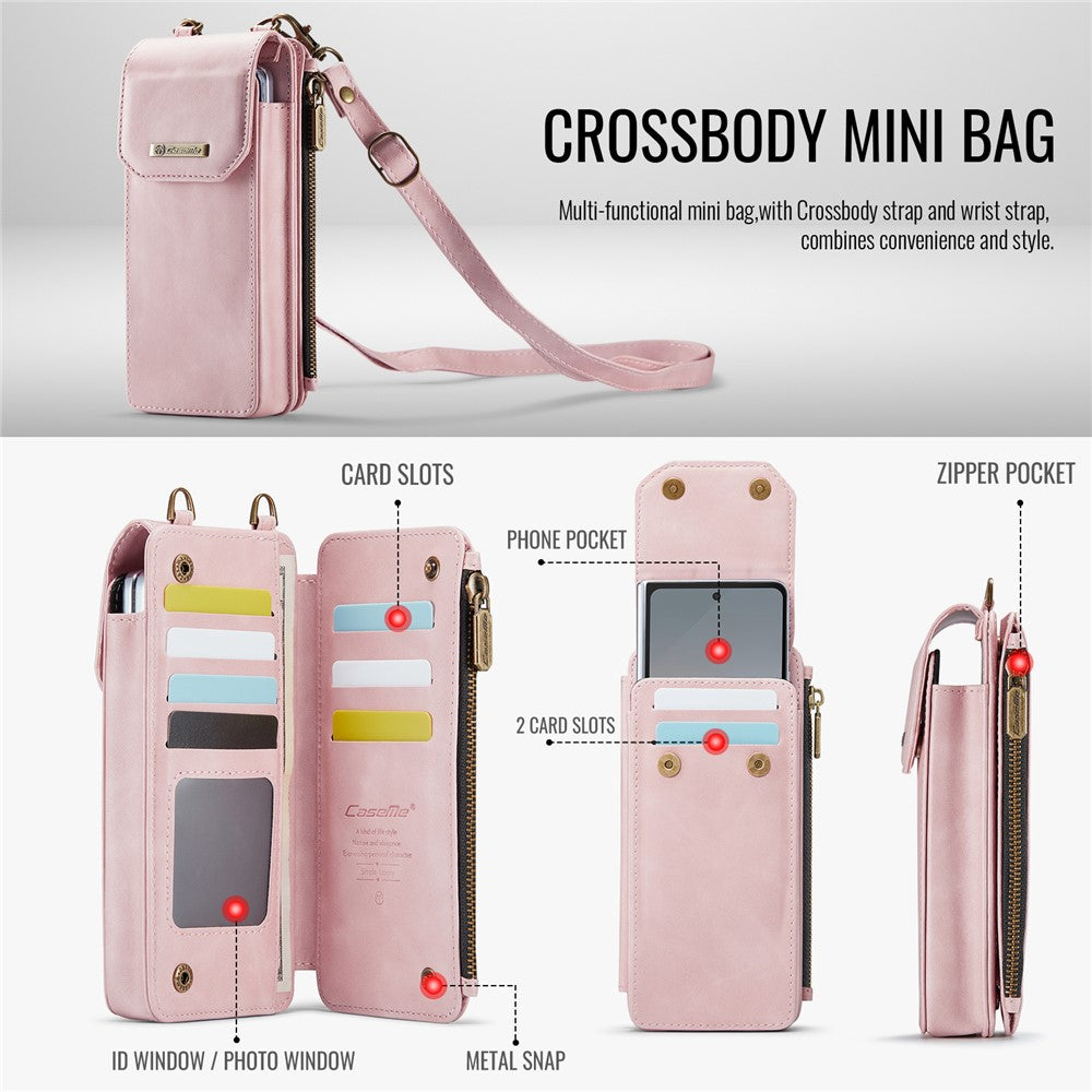 CASEME ME40 Crossbody Bag for Samsung Galaxy Z Fold7 5G / Z Fold6 5G / Z Fold5 5G / Z Fold4 5G / Z Fold3 5G Leather RFID Blocking Wallet - Pink