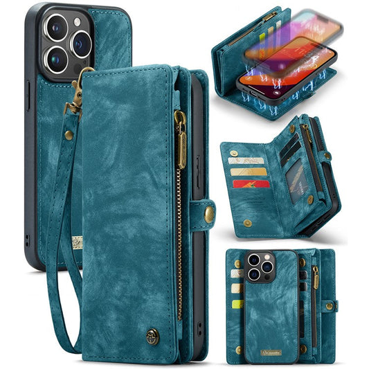 CASEME 008 Series for iPhone 16 Pro Case Leather Phone Cover Zipper Pocket Wallet - Blue