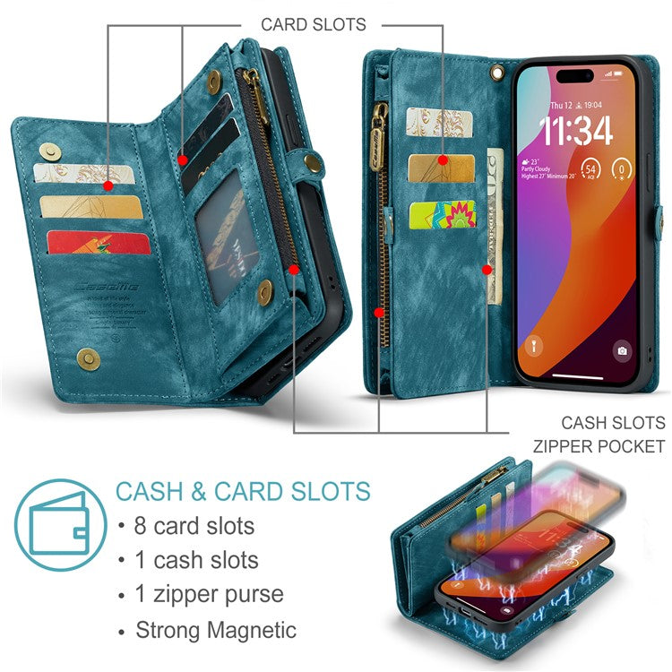CASEME 008 Series for iPhone 16 Pro Case Leather Phone Cover Zipper Pocket Wallet - Blue