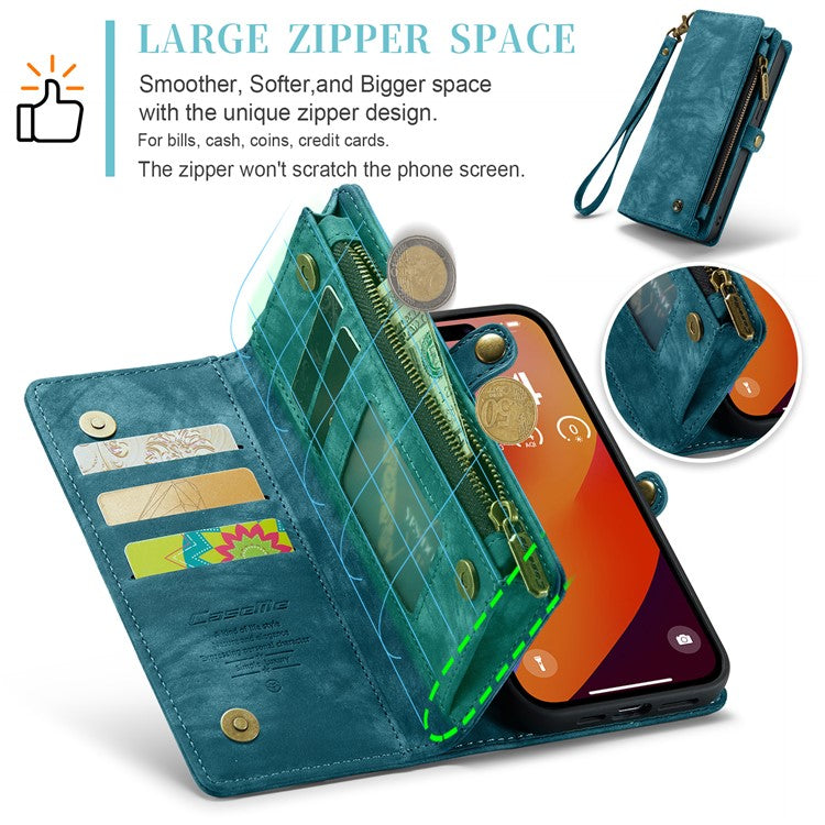 CASEME 008 Series for iPhone 16 Pro Case Leather Phone Cover Zipper Pocket Wallet - Blue