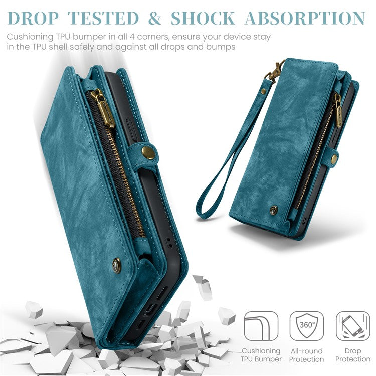 CASEME 008 Series for iPhone 16 Pro Case Leather Phone Cover Zipper Pocket Wallet - Blue