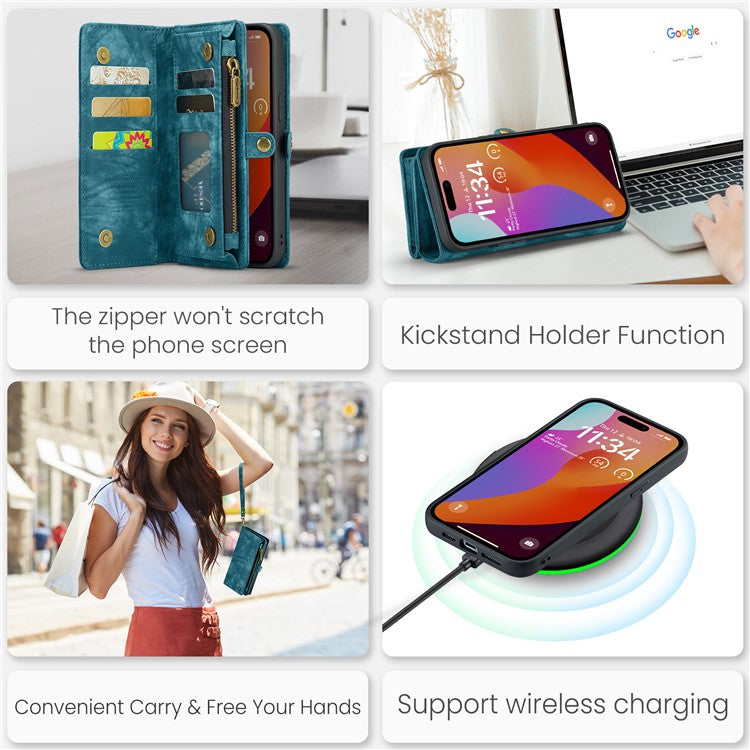 CASEME 008 Series for iPhone 16 Pro Case Leather Phone Cover Zipper Pocket Wallet - Blue