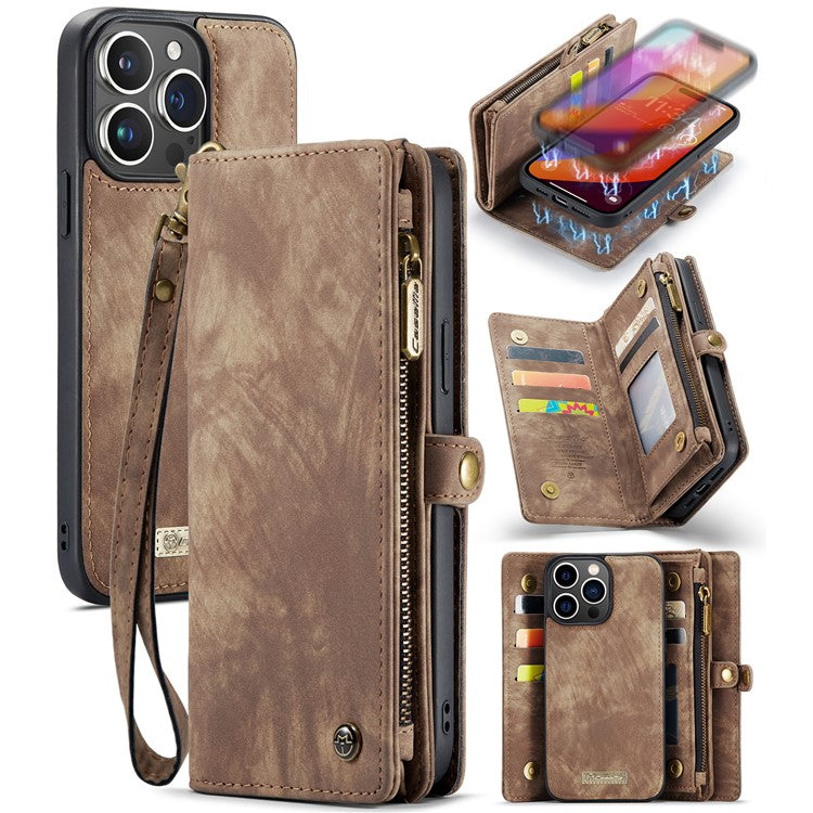 CASEME 008 Series for iPhone 16 Pro Case Leather Phone Cover Zipper Pocket Wallet - Brown