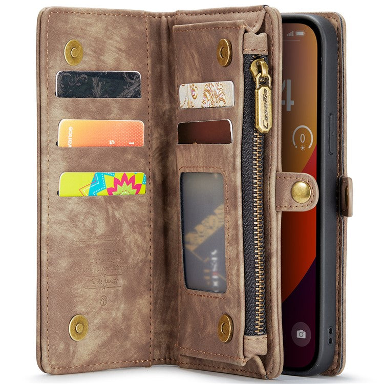 CASEME 008 Series for iPhone 16 Pro Case Leather Phone Cover Zipper Pocket Wallet - Brown