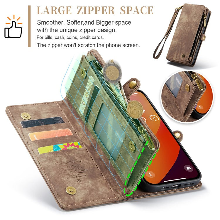 CASEME 008 Series for iPhone 16 Pro Case Leather Phone Cover Zipper Pocket Wallet - Brown