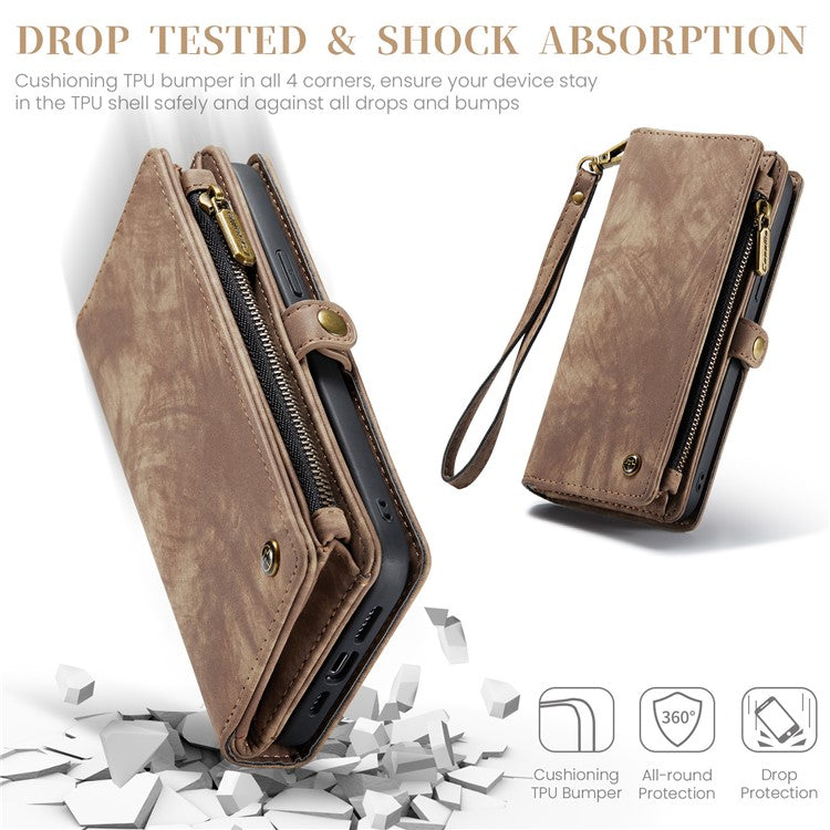CASEME 008 Series for iPhone 16 Pro Case Leather Phone Cover Zipper Pocket Wallet - Brown
