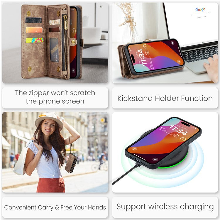 CASEME 008 Series for iPhone 16 Pro Case Leather Phone Cover Zipper Pocket Wallet - Brown