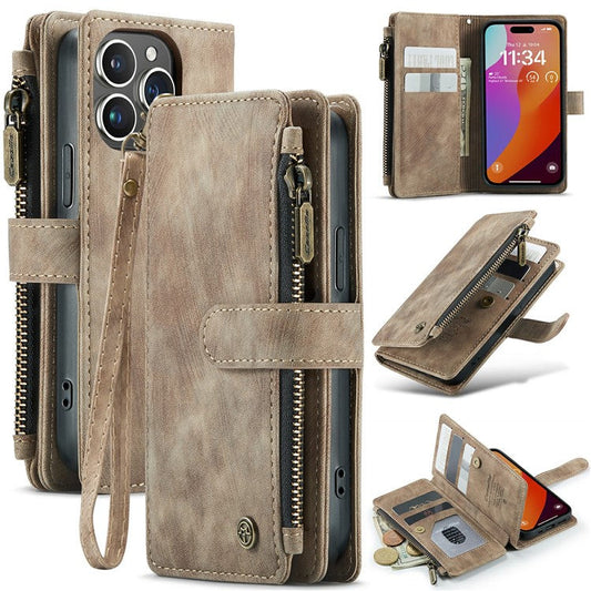 CASEME C30 Series for iPhone 16 Pro Case PU Leather 7 Card Slots Wallet Phone Cover - Brown