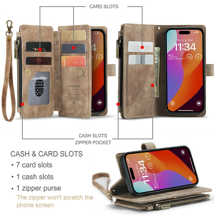 CASEME C30 Series for iPhone 16 Pro Case PU Leather 7 Card Slots Wallet Phone Cover - Brown