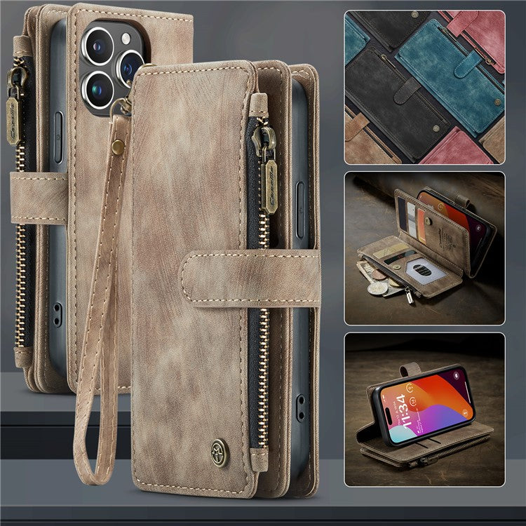 CASEME C30 Series for iPhone 16 Pro Case PU Leather 7 Card Slots Wallet Phone Cover - Brown