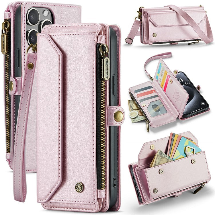 CASEME C36 Series For iPhone 16 Pro Case Zipper Wallet Leather Phone Cover with Straps - Pink