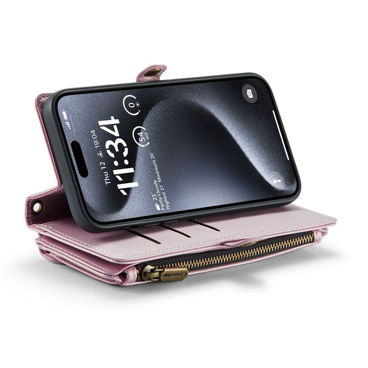 CASEME C36 Series For iPhone 16 Pro Case Zipper Wallet Leather Phone Cover with Straps - Pink