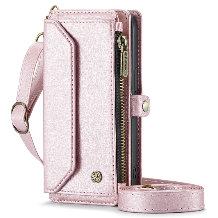 CASEME C36 Series For iPhone 16 Pro Case Zipper Wallet Leather Phone Cover with Straps - Pink