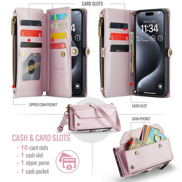 CASEME C36 Series For iPhone 16 Pro Case Zipper Wallet Leather Phone Cover with Straps - Pink
