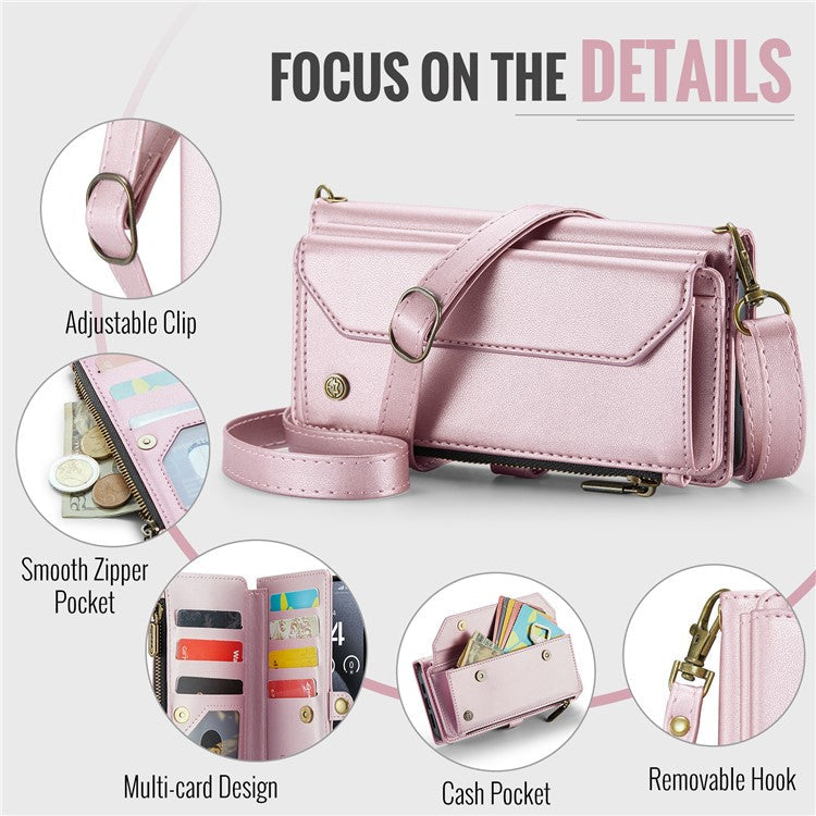 CASEME C36 Series For iPhone 16 Pro Case Zipper Wallet Leather Phone Cover with Straps - Pink