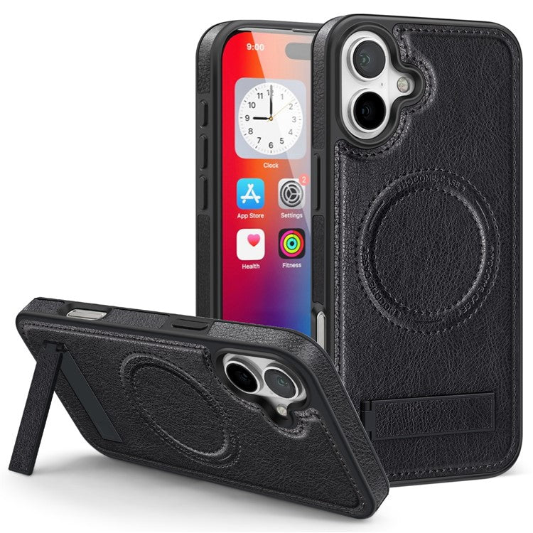 For iPhone 16 Magnetic Case Leather Kickstand Phone Cover Compatible with MagSafe - Black