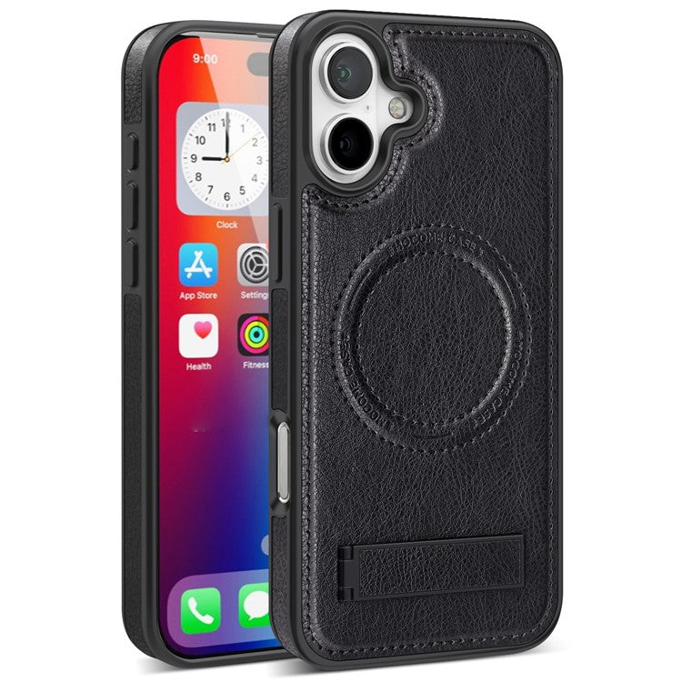 For iPhone 16 Magnetic Case Leather Kickstand Phone Cover Compatible with MagSafe - Black
