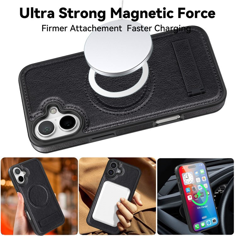 For iPhone 16 Magnetic Case Leather Kickstand Phone Cover Compatible with MagSafe - Black