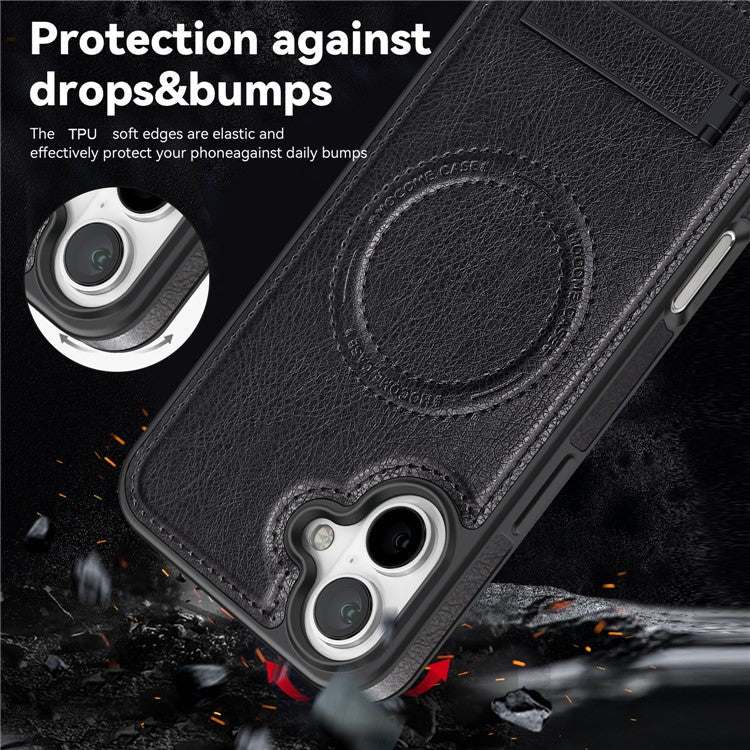 For iPhone 16 Magnetic Case Leather Kickstand Phone Cover Compatible with MagSafe - Black