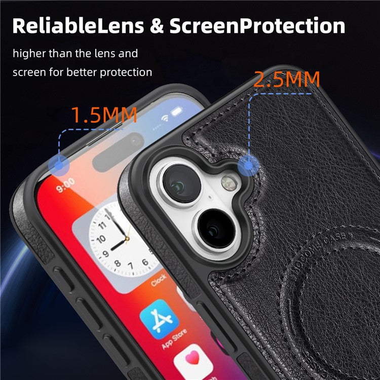 For iPhone 16 Magnetic Case Leather Kickstand Phone Cover Compatible with MagSafe - Black