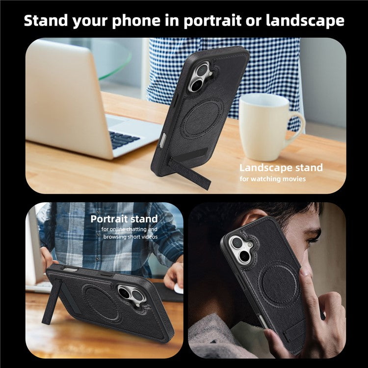 For iPhone 16 Magnetic Case Leather Kickstand Phone Cover Compatible with MagSafe - Black