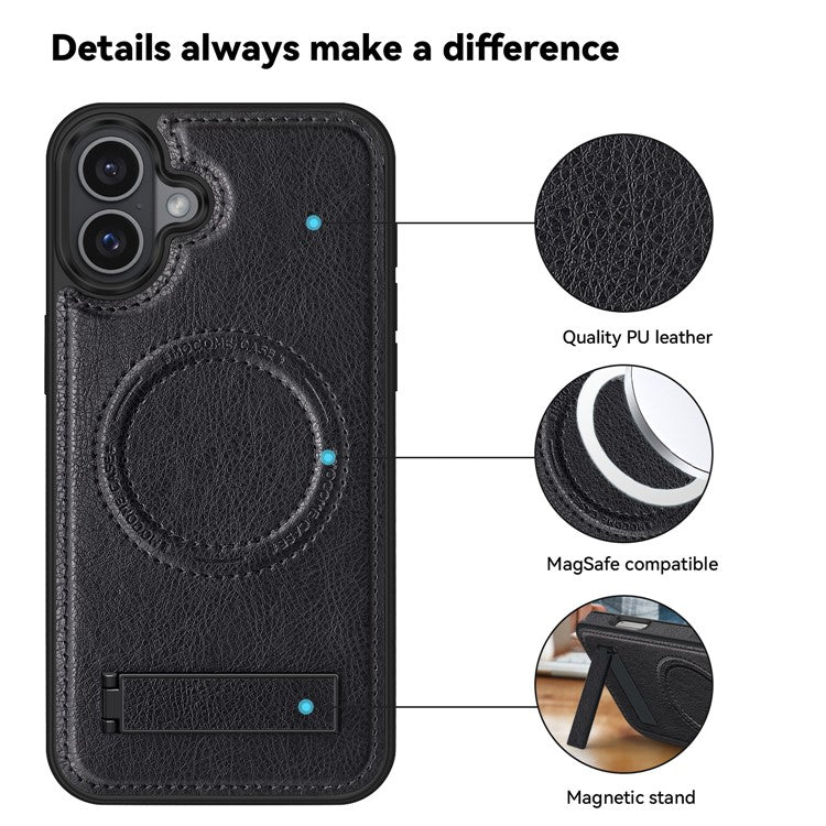 For iPhone 16 Magnetic Case Leather Kickstand Phone Cover Compatible with MagSafe - Black