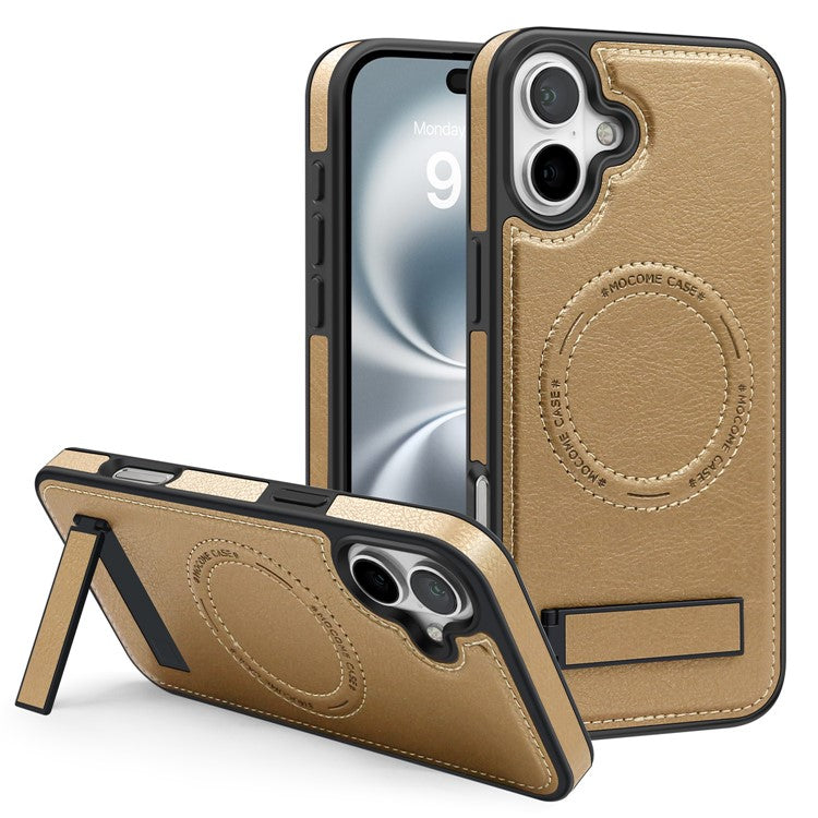 For iPhone 16 Magnetic Case Leather Kickstand Phone Cover Compatible with MagSafe - Desert Gold