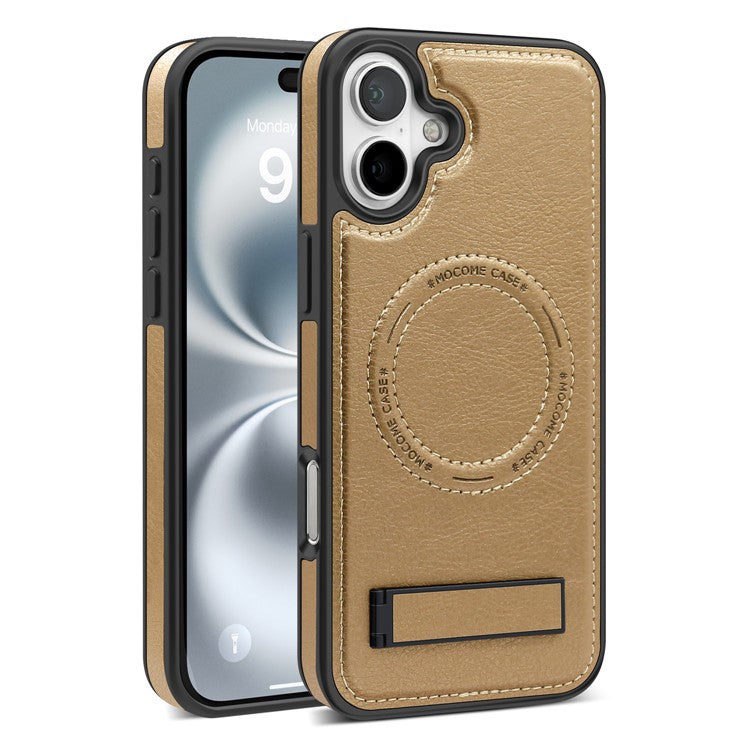 For iPhone 16 Magnetic Case Leather Kickstand Phone Cover Compatible with MagSafe - Desert Gold