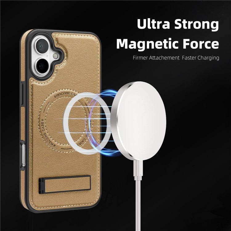 For iPhone 16 Magnetic Case Leather Kickstand Phone Cover Compatible with MagSafe - Desert Gold