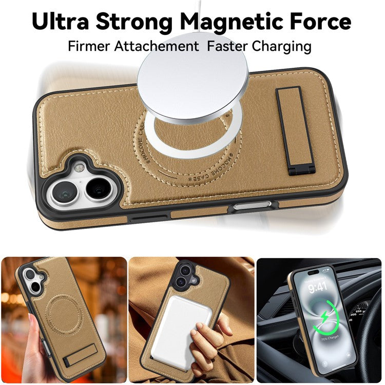 For iPhone 16 Magnetic Case Leather Kickstand Phone Cover Compatible with MagSafe - Desert Gold