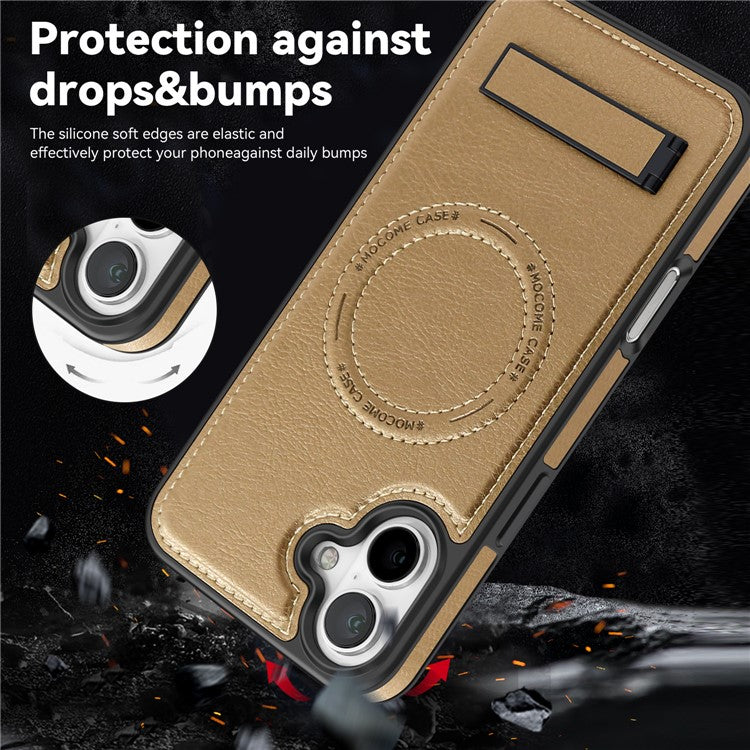 For iPhone 16 Magnetic Case Leather Kickstand Phone Cover Compatible with MagSafe - Desert Gold