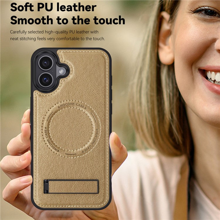 For iPhone 16 Magnetic Case Leather Kickstand Phone Cover Compatible with MagSafe - Desert Gold