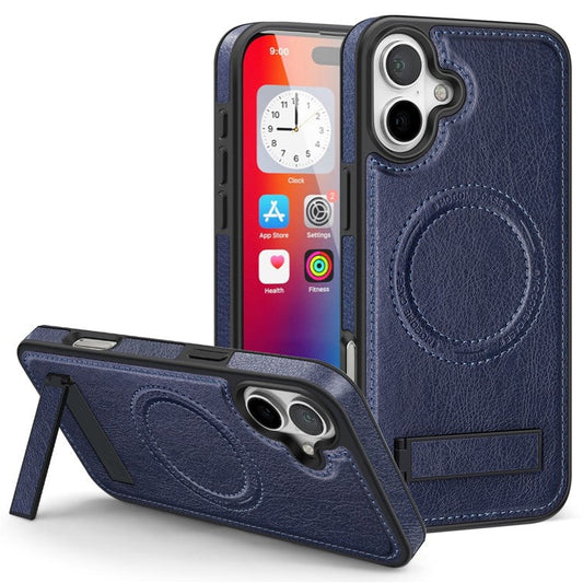 For iPhone 16 Plus Magnetic Case Leather Kickstand Phone Cover Compatible with MagSafe - Sapphire