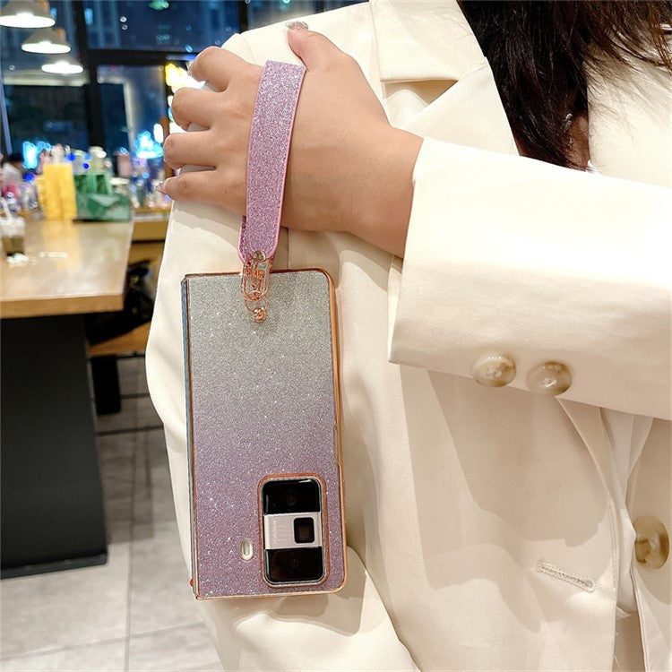 For Honor Magic Vs3 5G Case Glitter Bling Hard PC Phone Cover with Wrist Strap - Gradient Pink