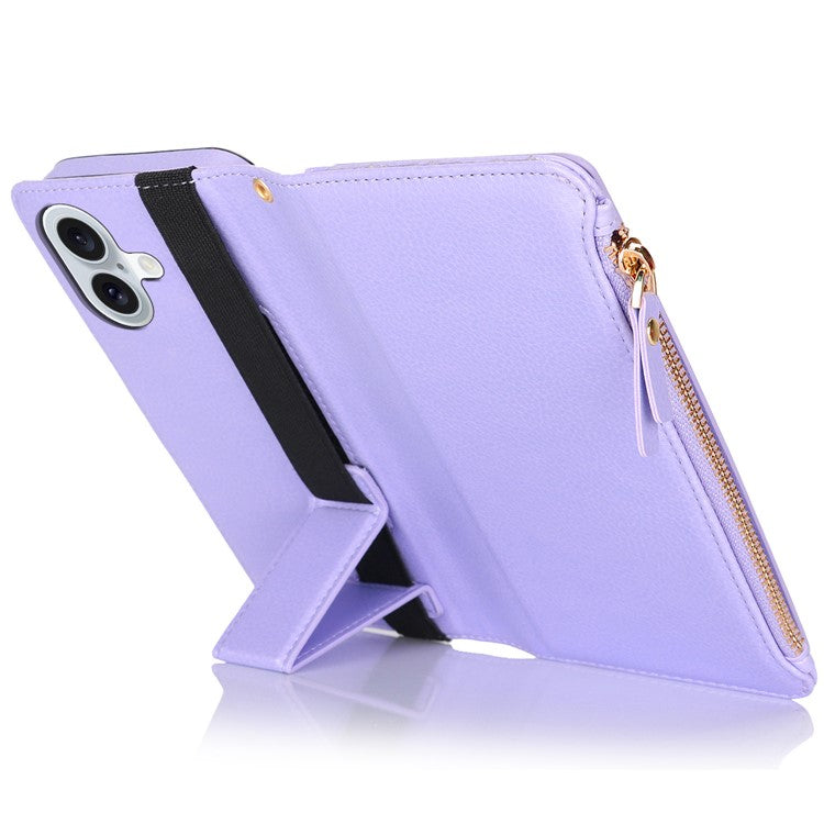 XL-001 For iPhone 16 Case Zipper Pocket Wristband Stand Leather Phone Cover - Purple