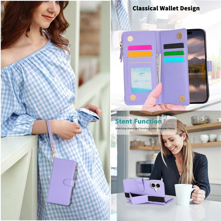 XL-001 For iPhone 16 Case Zipper Pocket Wristband Stand Leather Phone Cover - Purple