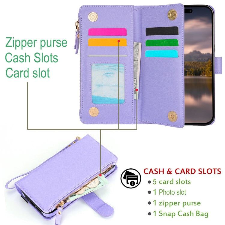 XL-001 For iPhone 16 Case Zipper Pocket Wristband Stand Leather Phone Cover - Purple