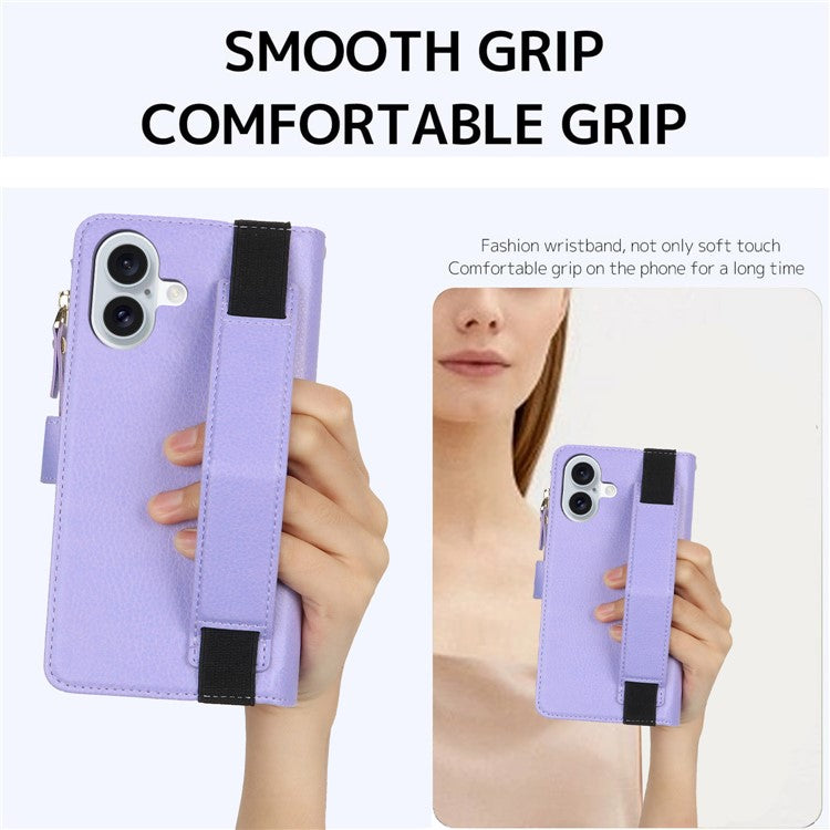 XL-001 For iPhone 16 Case Zipper Pocket Wristband Stand Leather Phone Cover - Purple