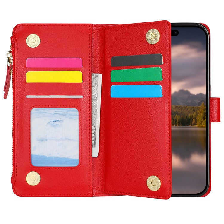 XL-001 For iPhone 16 Case Zipper Pocket Wristband Stand Leather Phone Cover - Red