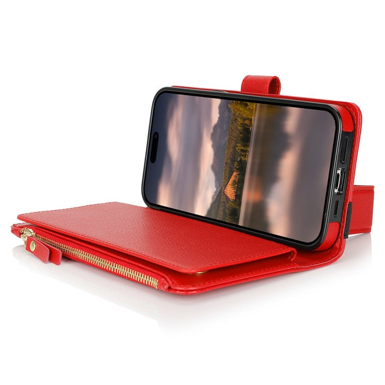 XL-001 For iPhone 16 Case Zipper Pocket Wristband Stand Leather Phone Cover - Red