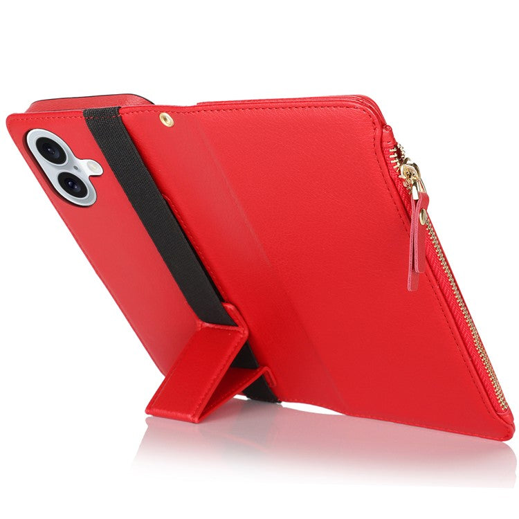 XL-001 For iPhone 16 Case Zipper Pocket Wristband Stand Leather Phone Cover - Red