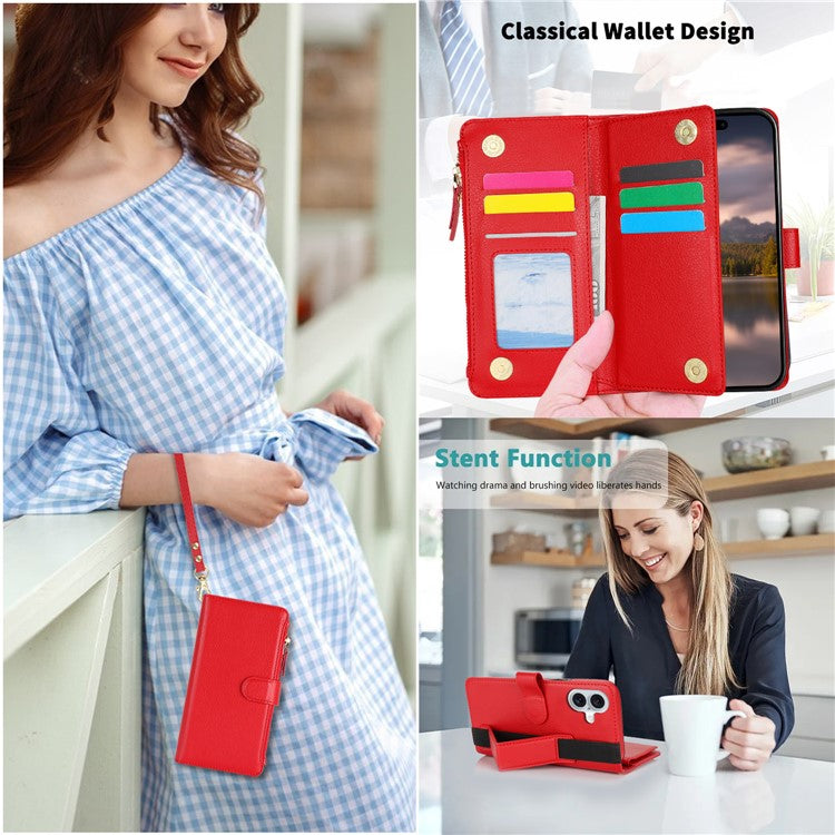 XL-001 For iPhone 16 Case Zipper Pocket Wristband Stand Leather Phone Cover - Red