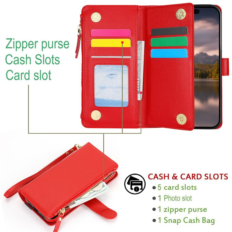 XL-001 For iPhone 16 Case Zipper Pocket Wristband Stand Leather Phone Cover - Red